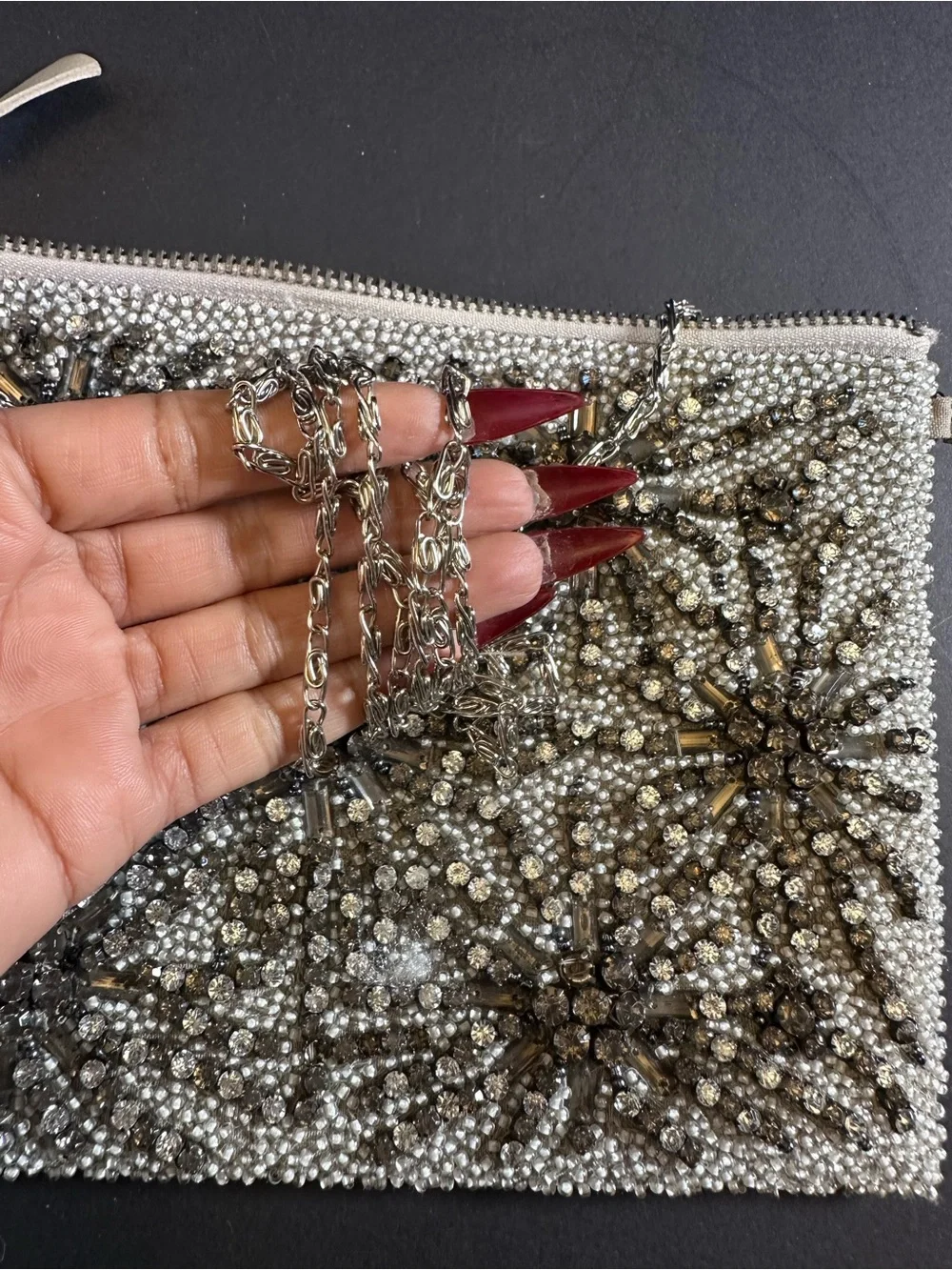 G-LISH Silver Rhinestone Beaded Evening Clutch Crossbody | Crystal Starburst